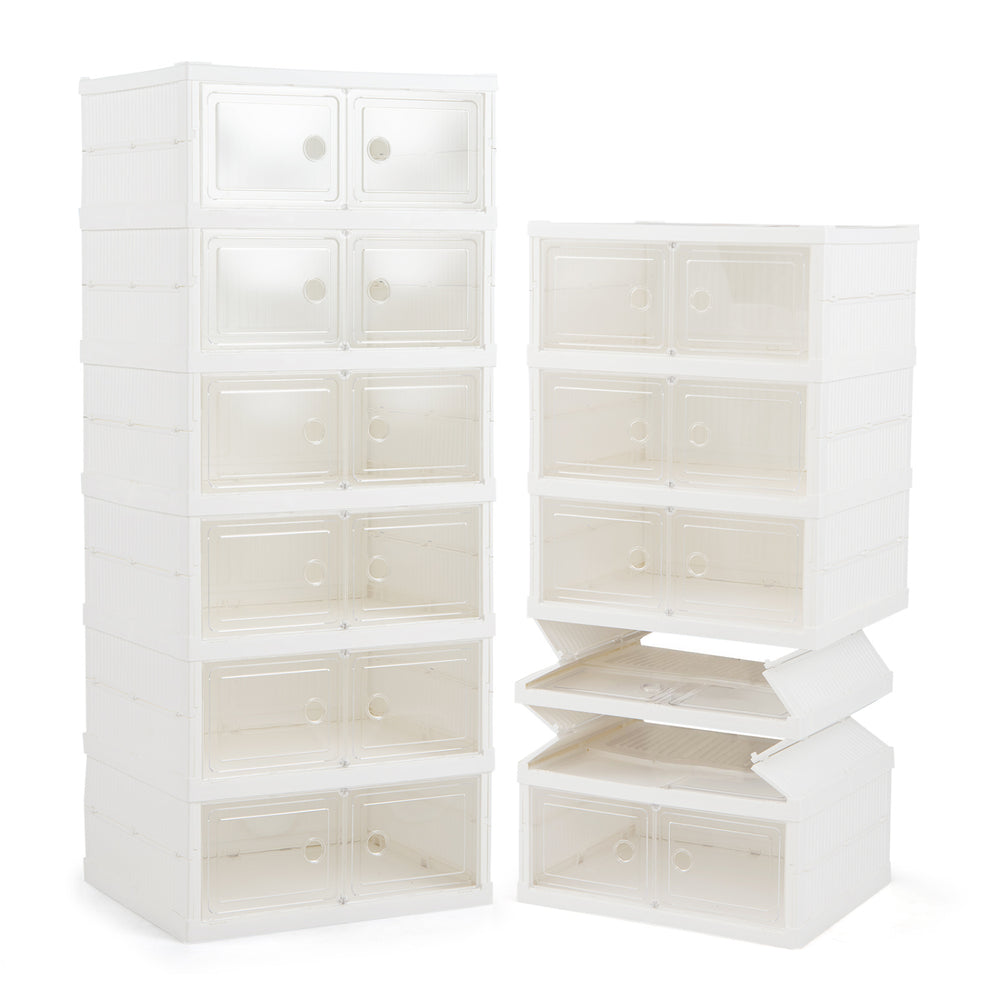 6-tier white shoe organizer with clear doors, featuring a foldable design for space-saving storage of 12 pairs.
