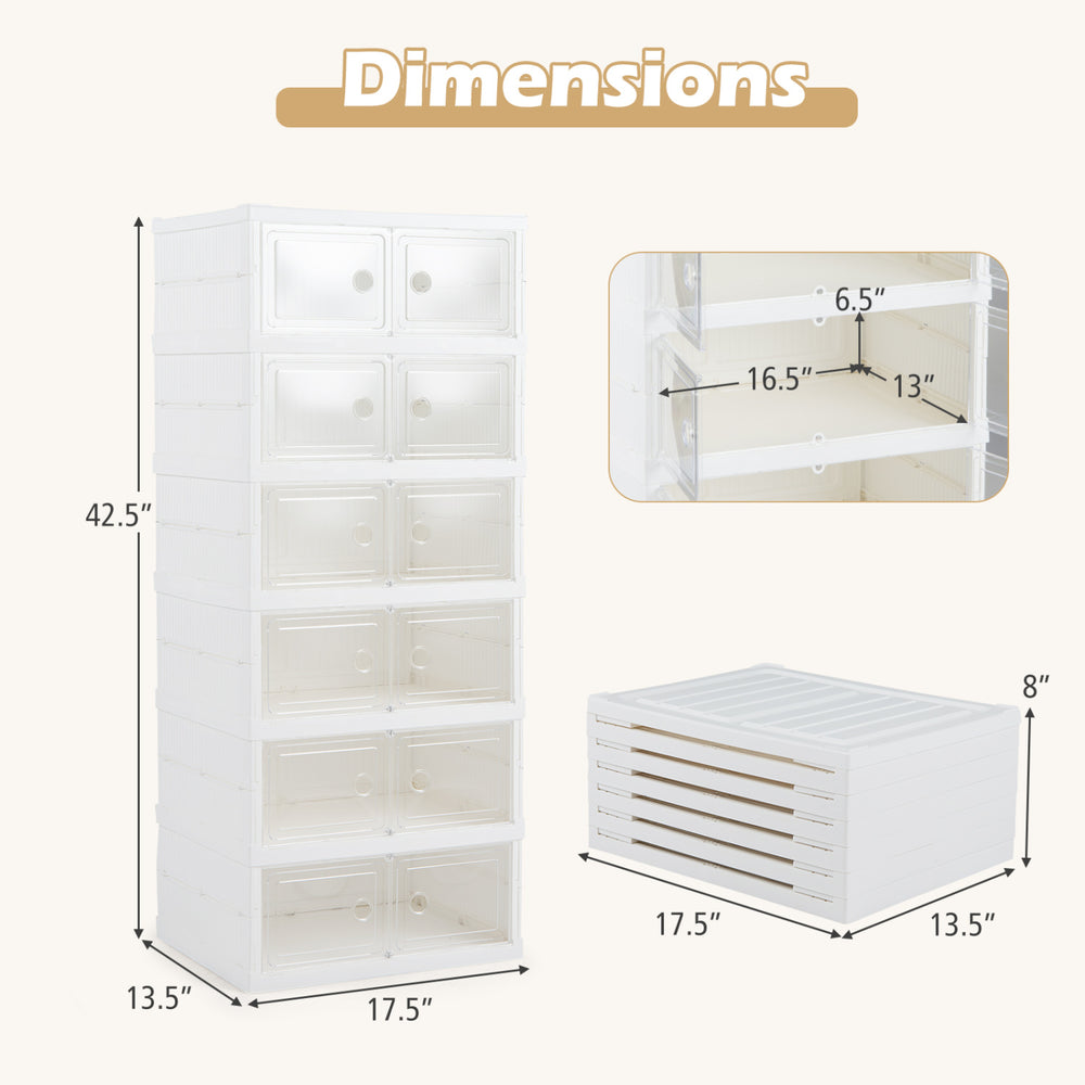 Dimensions of the 6-tier white shoe organizer with clear doors, designed for 12 pairs, showcasing its compact size.