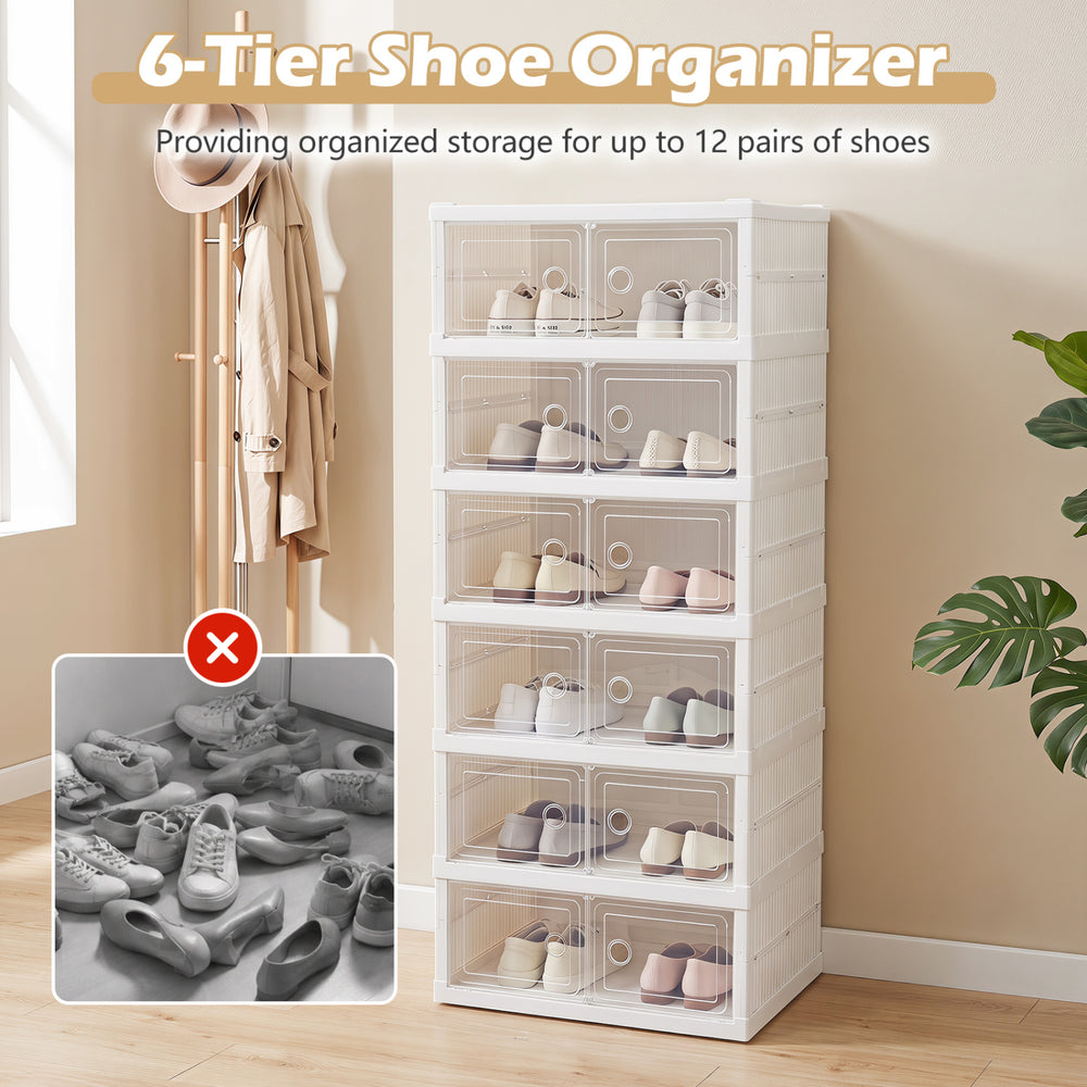 6-tier shoe organizer in white with clear doors, providing storage for up to 12 pairs of shoes in any entryway or closet.