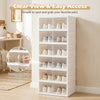 6-tier shoe organizer in white with clear doors, holding 12 pairs, ideal for entryway or closet storage.