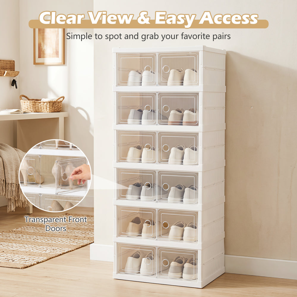 6-tier shoe organizer in white with clear doors, holding 12 pairs, ideal for entryway or closet storage.