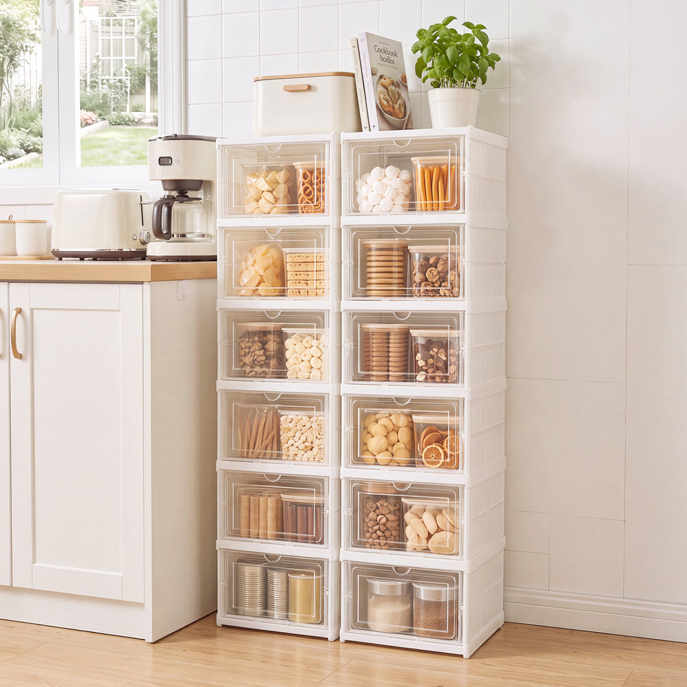 6-tier shoe organizer set of 2 in white with clear doors, designed for 12 pairs, ideal for entryway or closet storage.