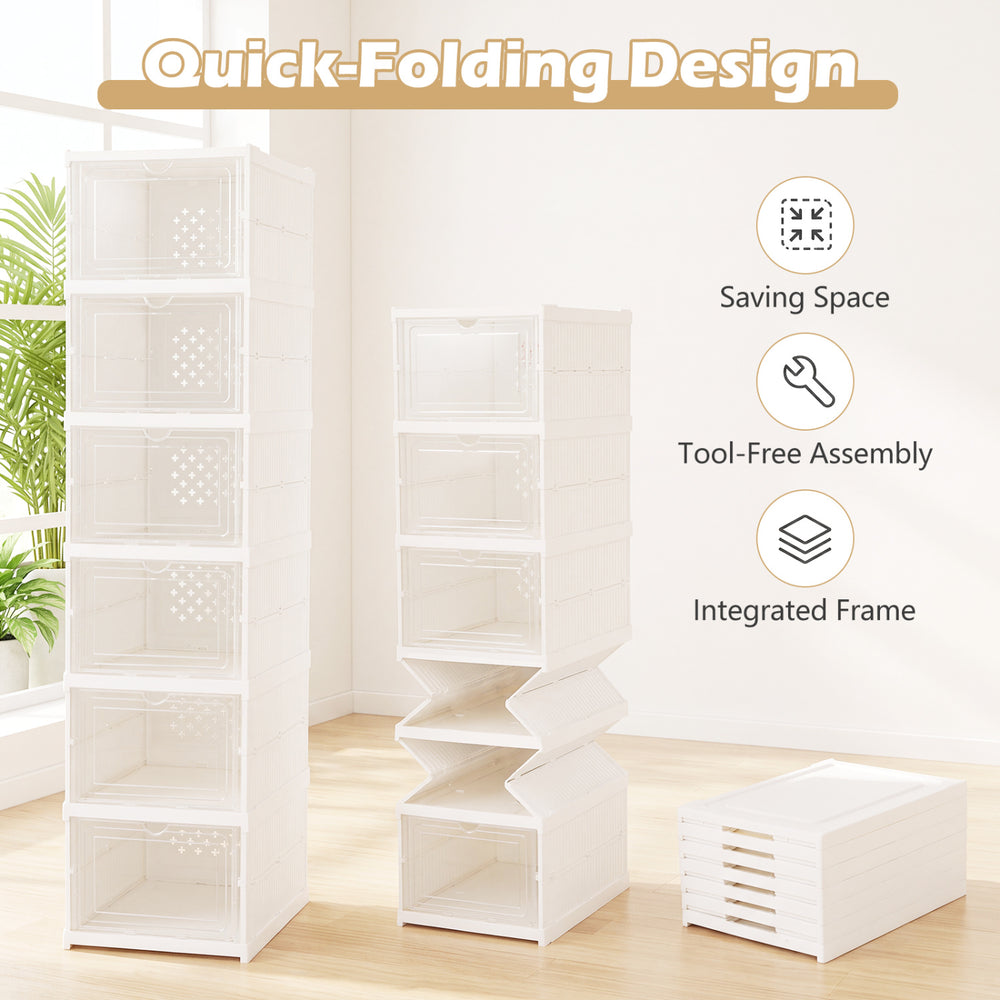 6-tier shoe organizer set of 2 in white with clear doors, designed for 12 pairs and featuring a foldable, portable design.