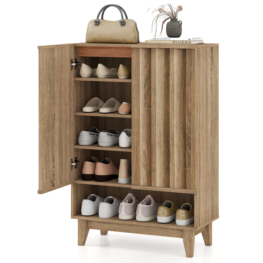 Shoe storage organizer with two fluted doors in oak, showcasing a modern design and space-saving shelves for entryway.