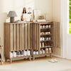 6-tier shoe storage organizer in oak with fluted doors, featuring removable shelves for various shoe types in a tidy.