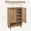 Dimensions of the 6-tier shoe storage organizer in oak, showing compatible shoe size up to 14 US for effective space.
