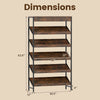 6-tier tall freestanding bookshelf with angled shelves in rustic brown, featuring dimensions for home office use.