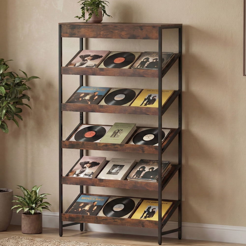 6-tier tall freestanding bookshelf in rustic brown with angled shelves for books and albums, perfect for home office.