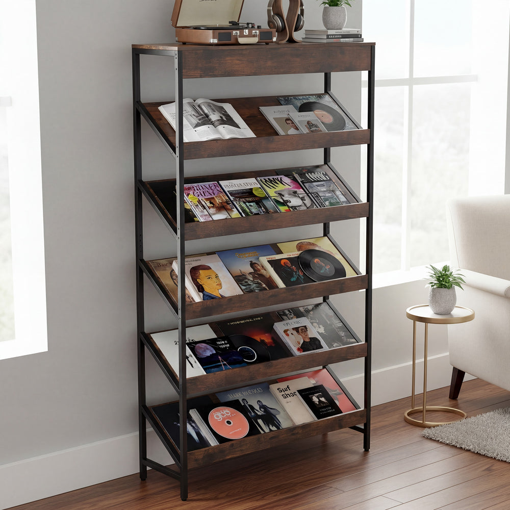 6-tier tall freestanding bookshelf with angled shelves in rustic brown, ideal for organizing books and magazines in.