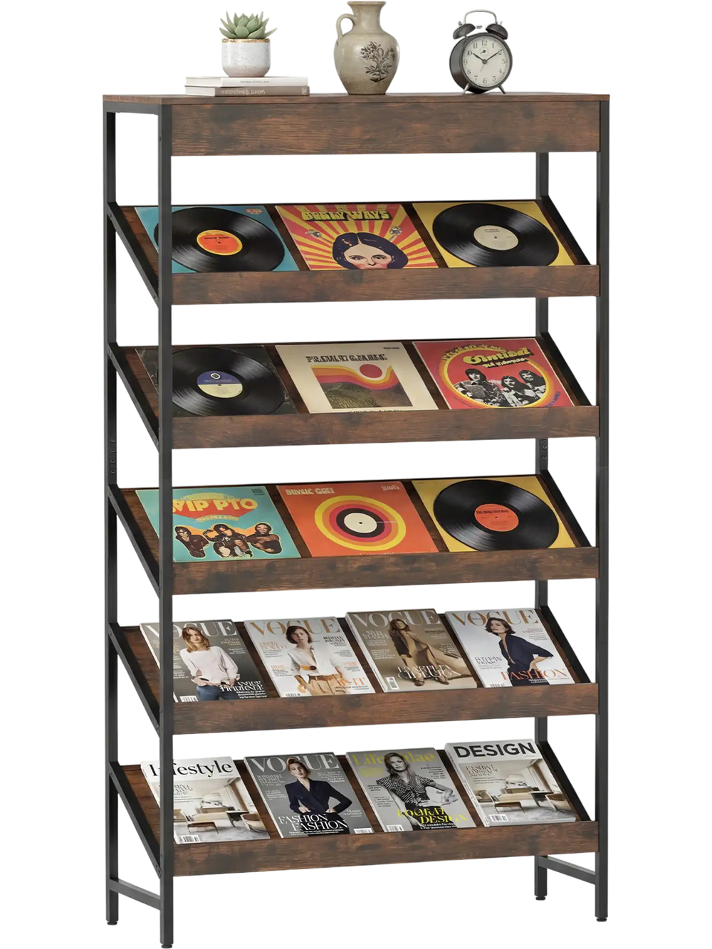 6-tier tall freestanding bookshelf in rustic brown with angled shelves for books and magazines, perfect for home office.
