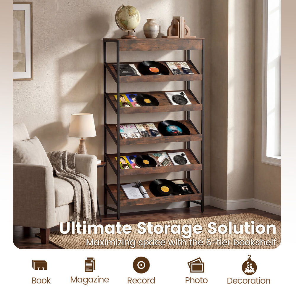 6-tier tall freestanding bookshelf in rustic brown with angled shelves for books and magazines, ideal for home office.