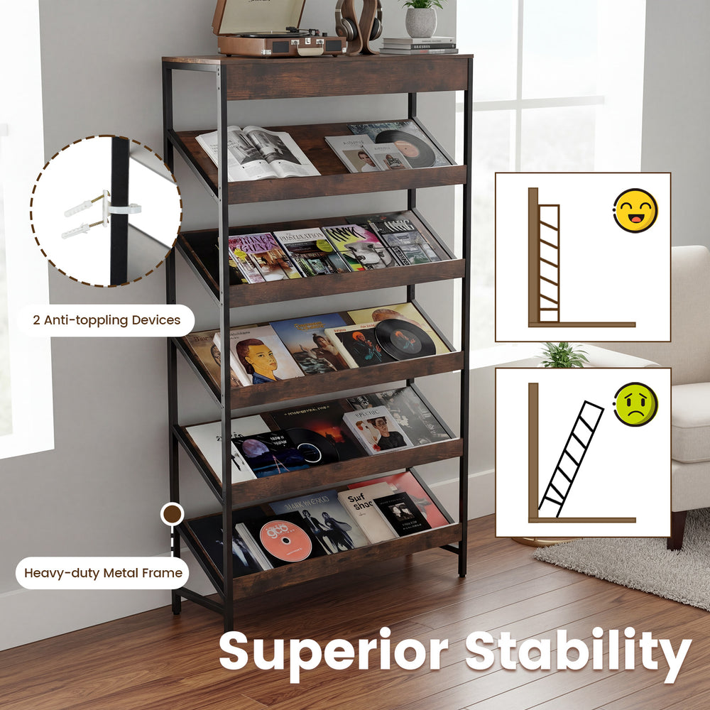 6-tier tall freestanding bookshelf in rustic brown with angled shelves for books and magazines, featuring a heavy-duty.