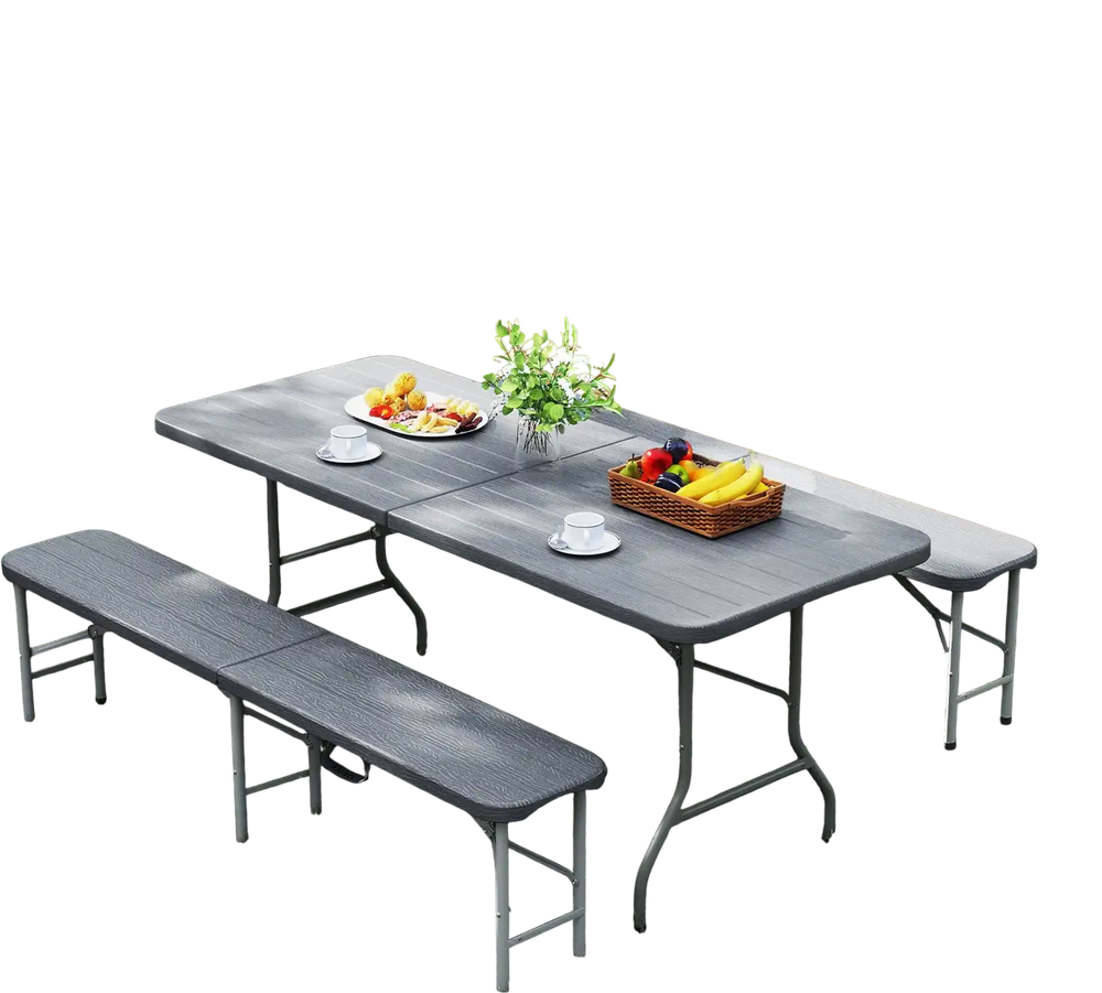 Gray 6 feet folding HDPE bench with wood-like texture, accommodating up to 4 people, ideal for outdoor use.