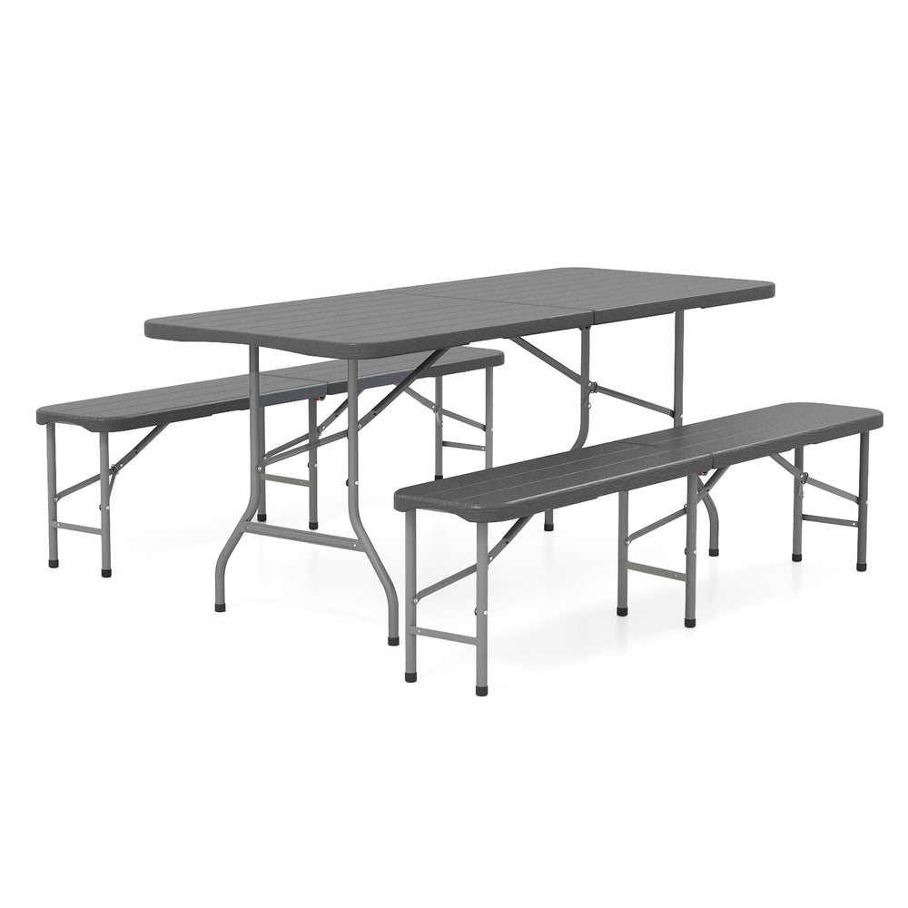 6 feet folding HDPE bench in gray with wood-like texture, accommodates 4, ideal for picnics and camping.