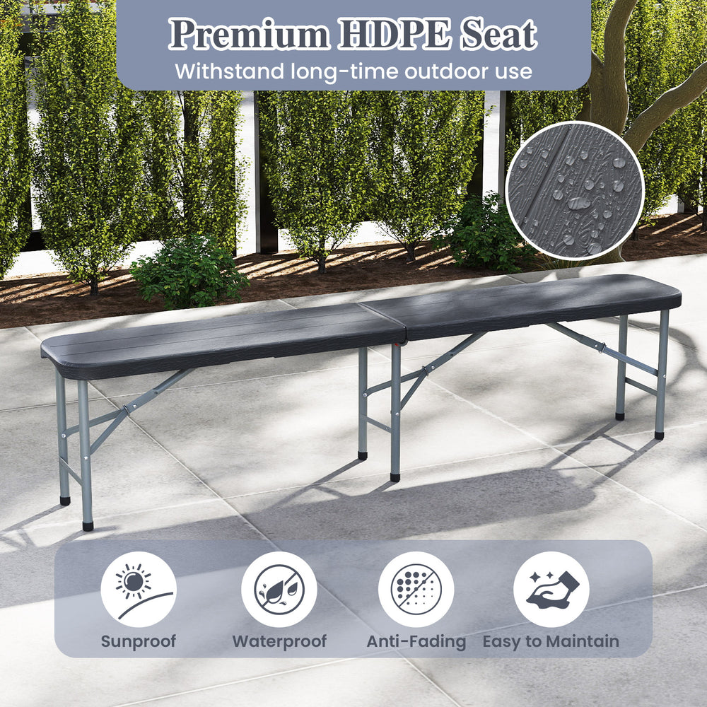 6 feet folding HDPE bench in gray with wood-like texture, 1320 lbs capacity, ideal for outdoor events and easy to carry.