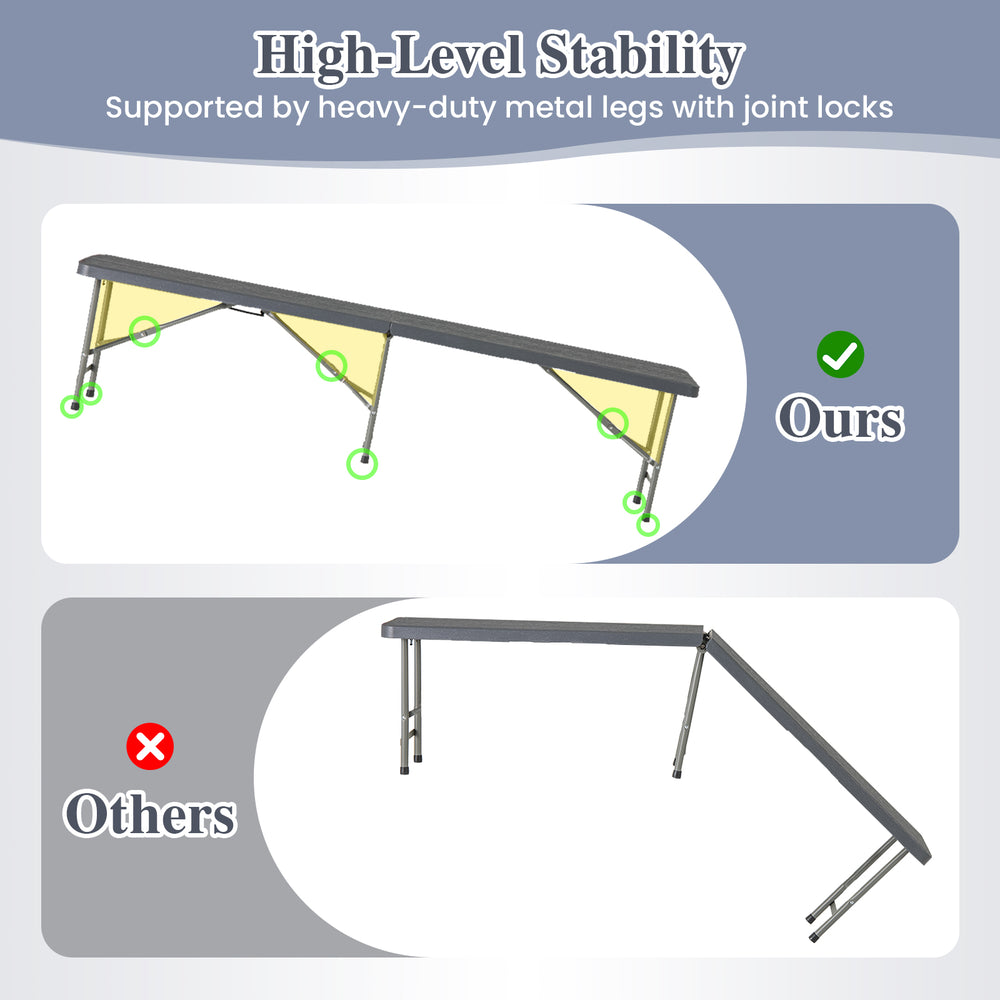 6 feet folding HDPE bench with heavy-duty metal legs and joint locks, showcasing high-level stability for outdoor use.