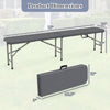 6 feet folding HDPE bench in gray with dimensions, featuring a wood-like texture and 1320 lbs capacity for outdoor use.