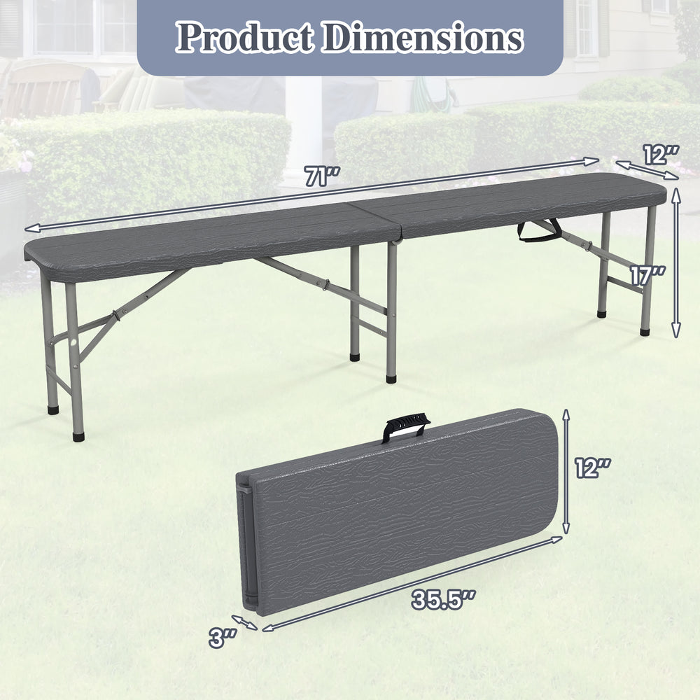 6 feet folding HDPE bench in gray with dimensions, featuring a wood-like texture and 1320 lbs capacity for outdoor use.