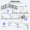 Folding design of a 6-foot plastic bench with carrying handle, ideal for camping, dining, or outdoor use.