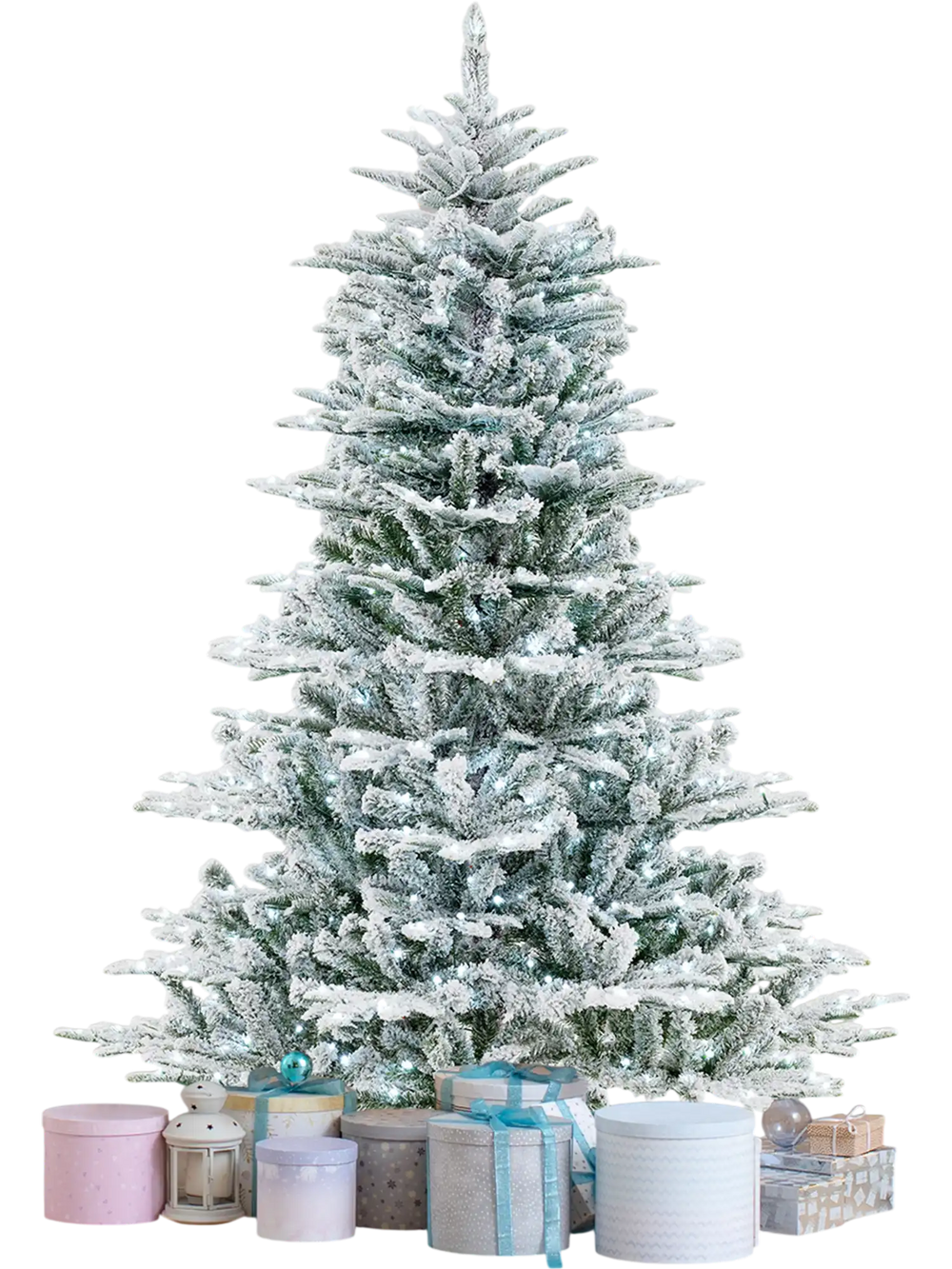 Snow flocked 6 feet artificial Christmas tree with cool white LED lights, perfect for festive home decor.