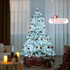 Snow flocked 6 feet artificial Christmas tree with cool white LED lights, showcasing the full-body branches and winter.