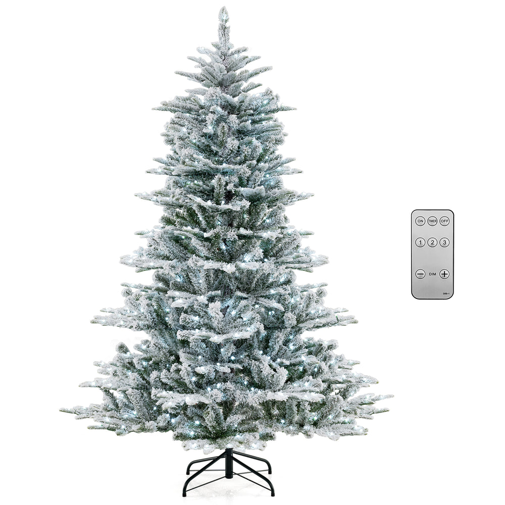 6 feet snow flocked artificial Christmas tree with cool white LED lights and remote control for festive decoration.