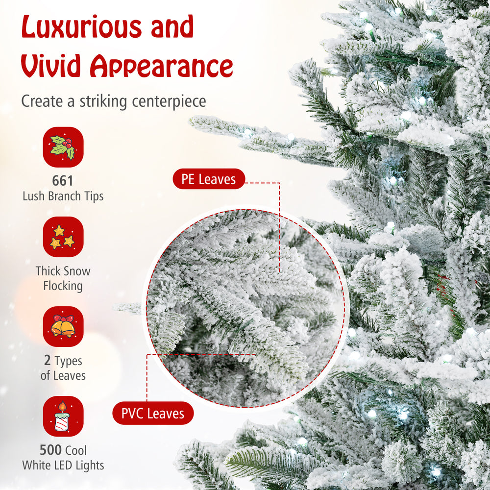 Snow flocked detail of the 6 feet artificial Christmas tree with 661 branch tips and cool white LED lights for festive.