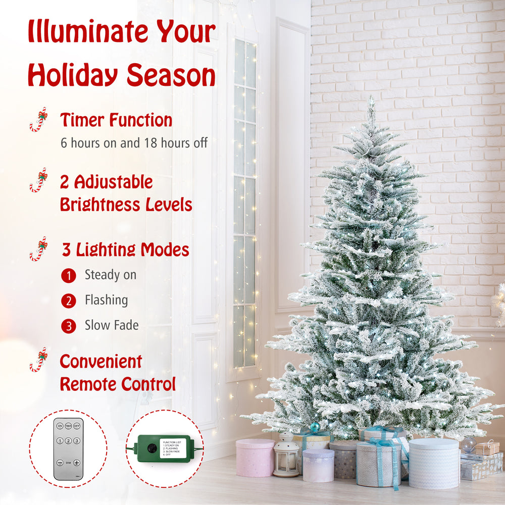 6 feet snow flocked artificial Christmas tree with cool white LED lights, featuring adjustable brightness and remote.