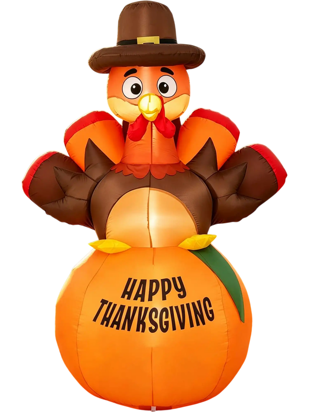 Colorful 6ft inflatable turkey with pumpkin base and "Happy Thanksgiving" message, perfect for festive outdoor decoration.