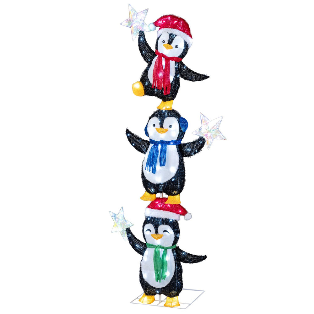 Three stacked penguins in Christmas hats and scarves hold iridescent stars, illuminated by cold white LED lights for festive cheer.