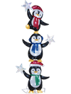 Three stacked penguins in Christmas hats and scarves, illuminated with cold white LED lights for festive yard decor.