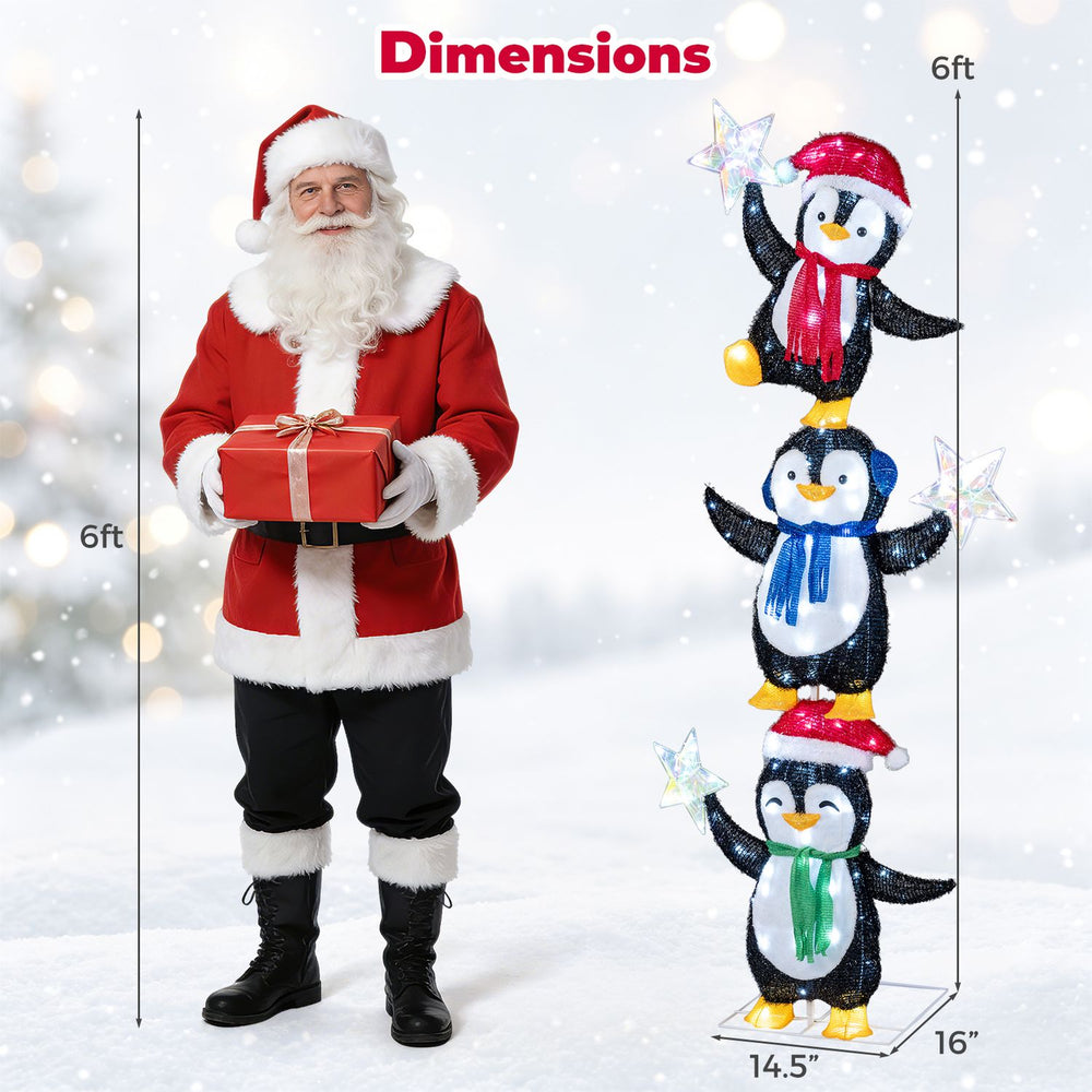 Three stacked penguins wearing Christmas hats and scarves, illuminated with cold white LED lights for festive yard decor.