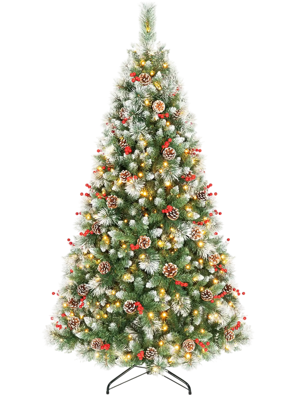 6 ft artificial frosted Christmas tree shown fully lit with snowy PVC branches, 55 pine cones, red berries, and warm white LEDs.