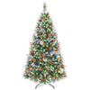 6 ft artificial frosted Christmas tree with colorful pre-lit LED lights, red berries, and 55 pine cones.