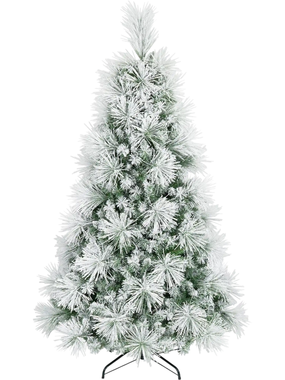 Flocked pine Christmas tree with white snowy branches and folding metal stand, shown fully assembled with pre-lit LED lights.