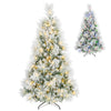 Flocked pine Christmas tree with colorful pre-lit LED lights and folding metal stand, shown assembled against a white background.