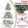 Flocked pine Christmas tree with hinged branches and folding metal stand for easy setup.