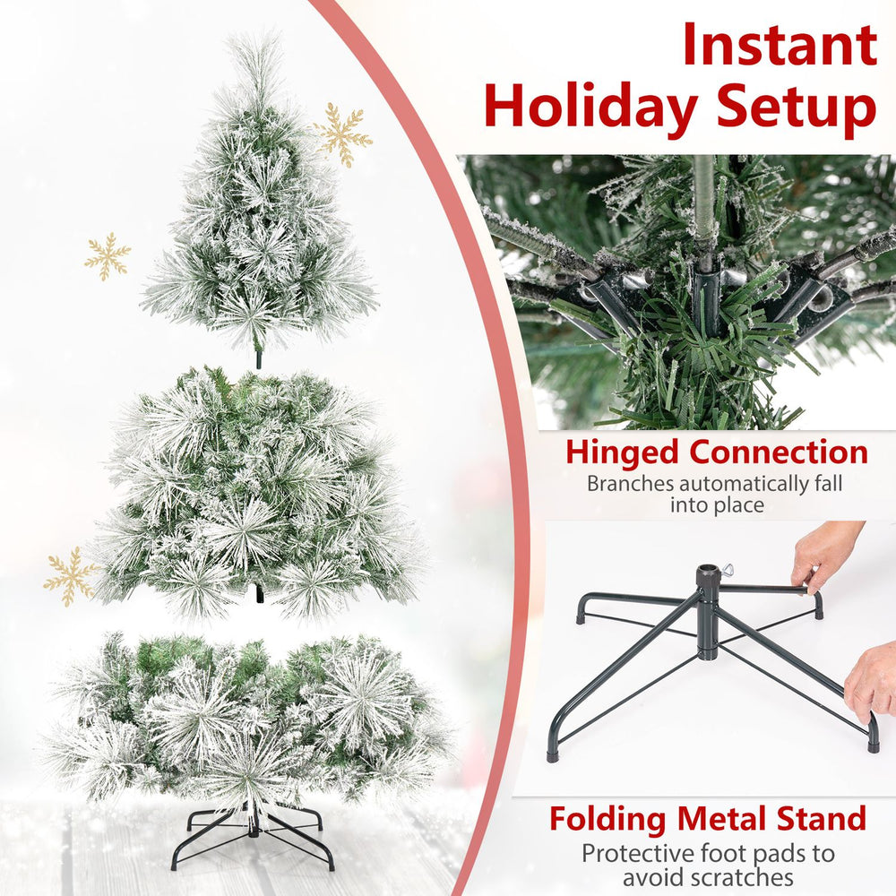 Flocked pine Christmas tree with hinged branches and folding metal stand for easy setup.