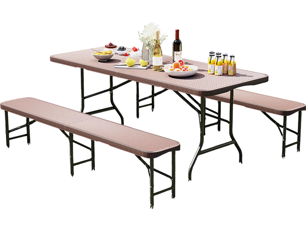 6 ft brown plastic folding bench with rattan-like texture, supports 1320 lbs, ideal for outdoor picnics and camping.