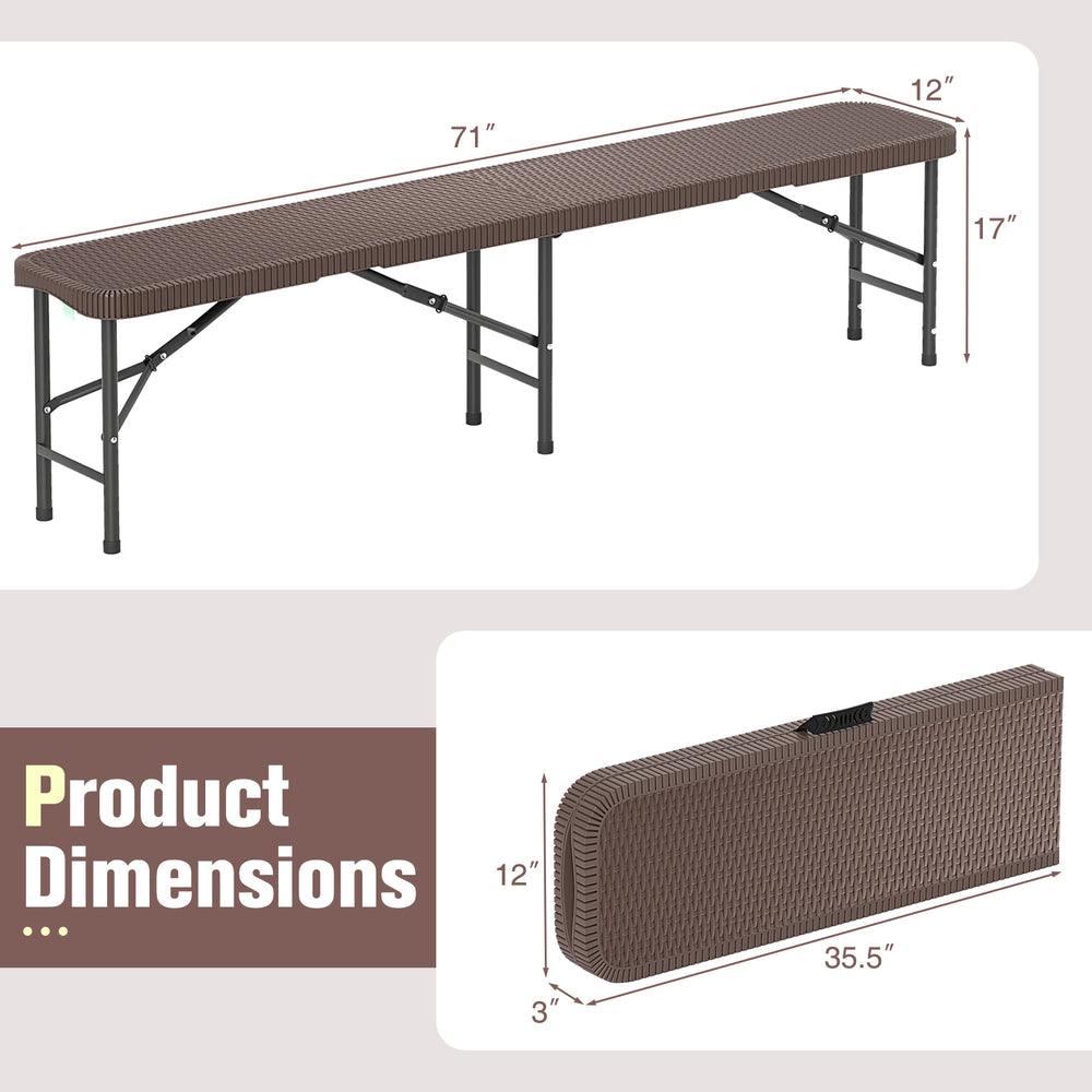 6 ft plastic folding bench with rattan-like texture, brown color, and dimensions for easy outdoor use and storage.