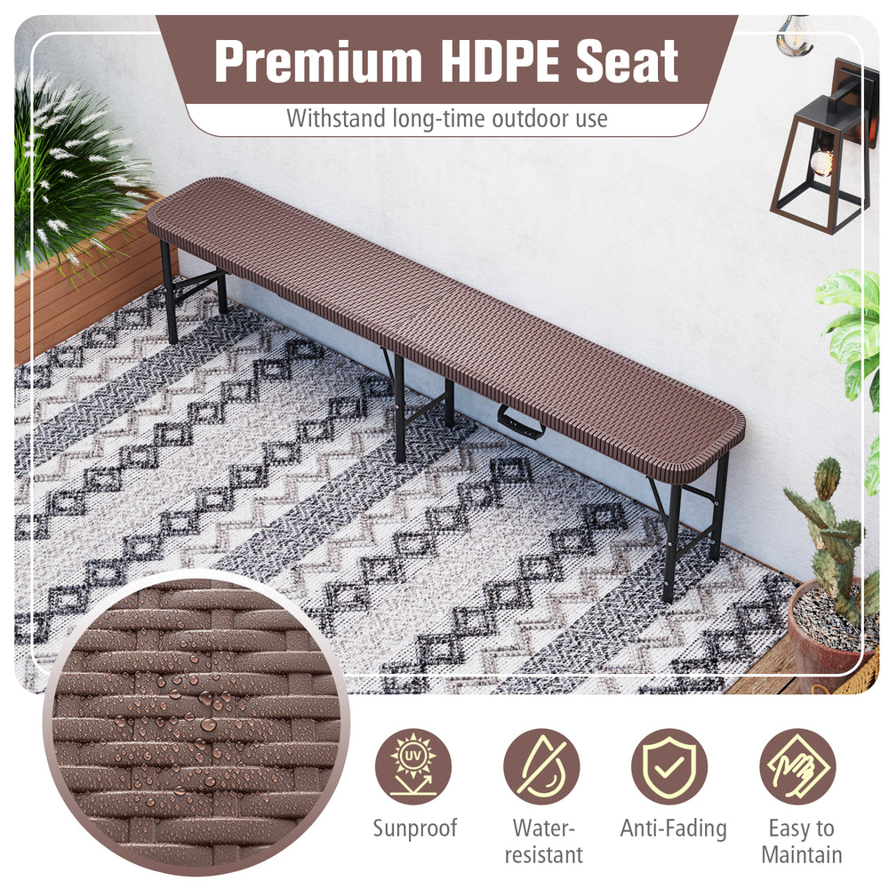 Brown 6 ft plastic folding bench with rattan-like texture, 1320 lbs capacity, ideal for outdoor events and easy to.