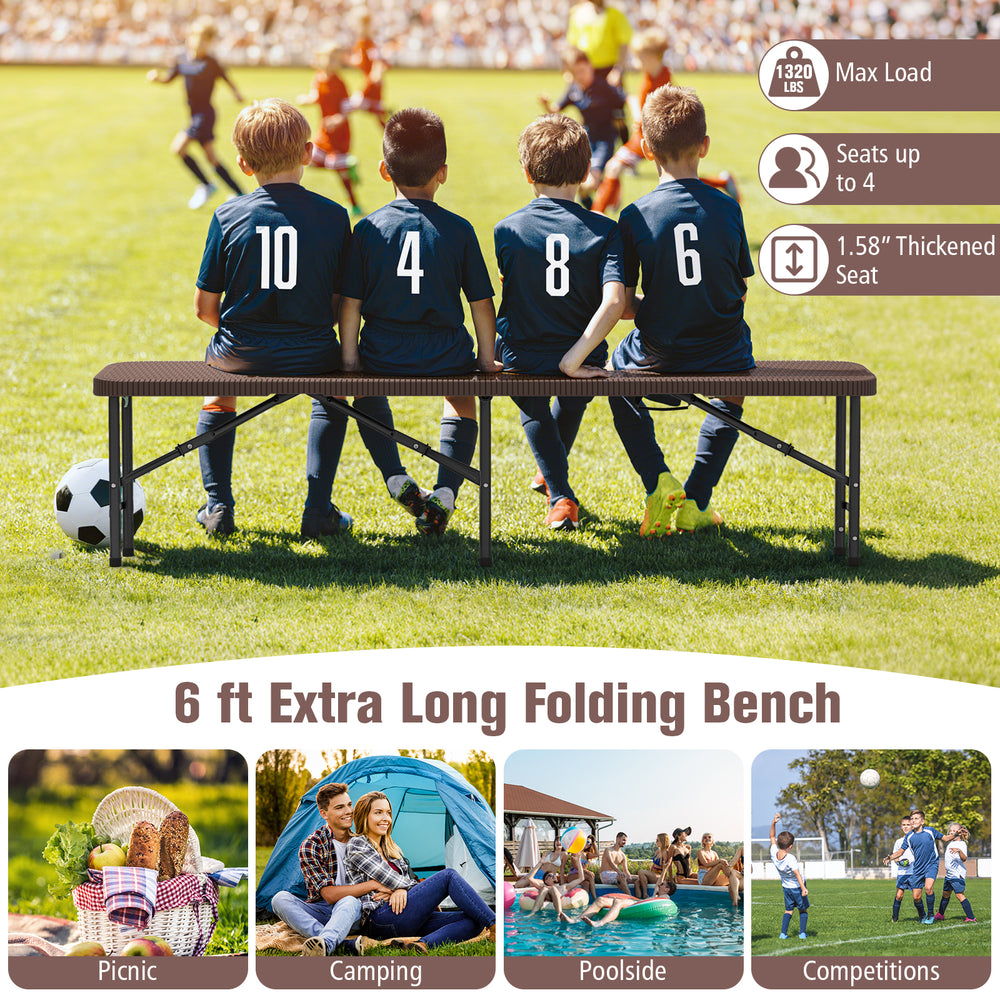 6 ft extra-long folding bench with rattan-like texture, 1320 lbs capacity, ideal for picnics and outdoor events.