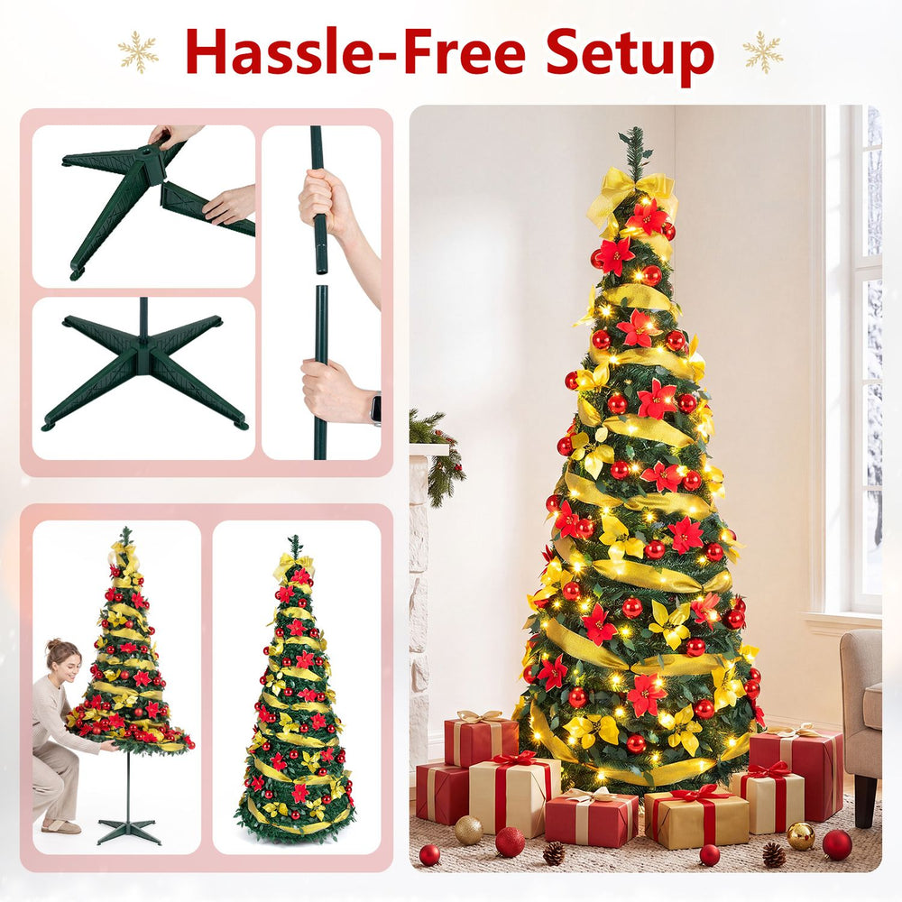 Pop-up 6/7 ft Christmas tree with 150/200 pre-lit LED lights, vibrant decorations, and hassle-free setup for festive decor.