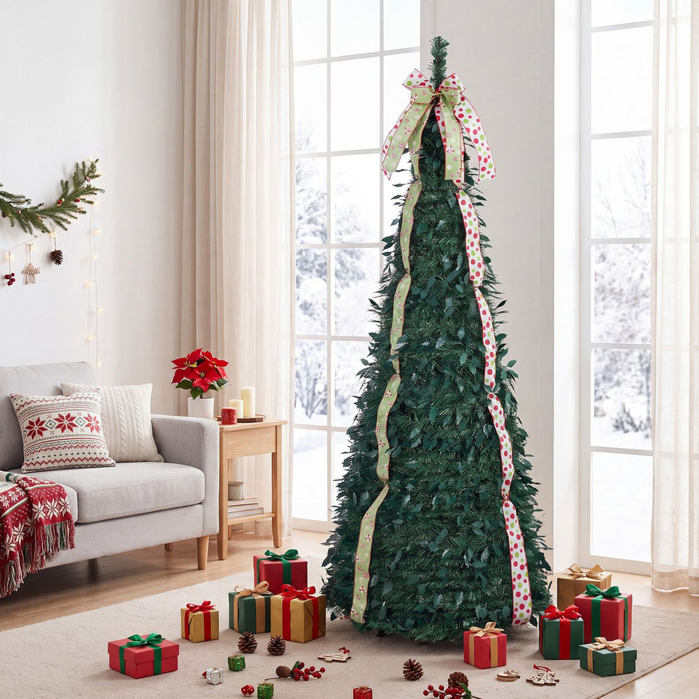 6 ft Pop Up Christmas Tree with PVC Holly Leaves 4 Festive Satin Ribbons and Top Christmas Bow - Gallery View 1 of 11