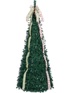 6 ft pop-up Christmas tree featuring PVC holly leaves, festive satin ribbons, and a top bow for holiday decoration.