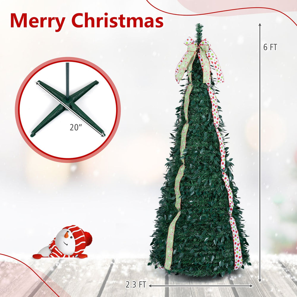 6 ft pop-up Christmas tree featuring PVC holly leaves, four festive ribbons, and a top bow for holiday decoration.