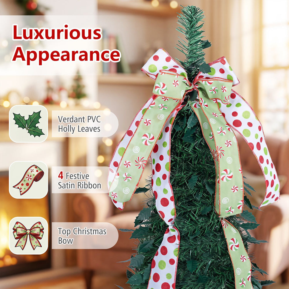 6 ft pop-up Christmas tree features verdant PVC holly leaves, 4 festive satin ribbons, and a top Christmas bow for holiday decor.