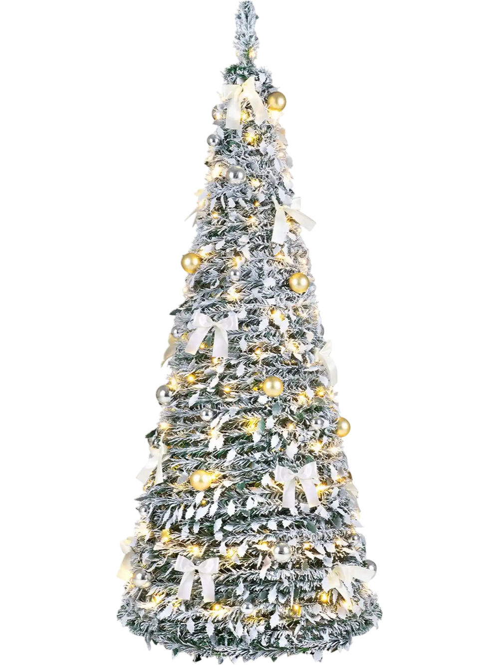 Flocked 6 ft Christmas tree with 35 balls, 20 bows, and 150 warm white LED lights for festive holiday decor.
