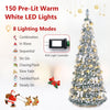 6 ft pop-up flocked Christmas tree with 150 pre-lit warm white LED lights and 20 Christmas bows for festive decoration.
