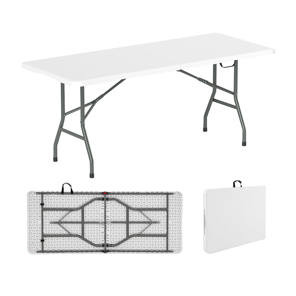 6 ft portable folding table with HDPE tabletop, sturdy metal legs, and carrying handle for picnics and indoor use.